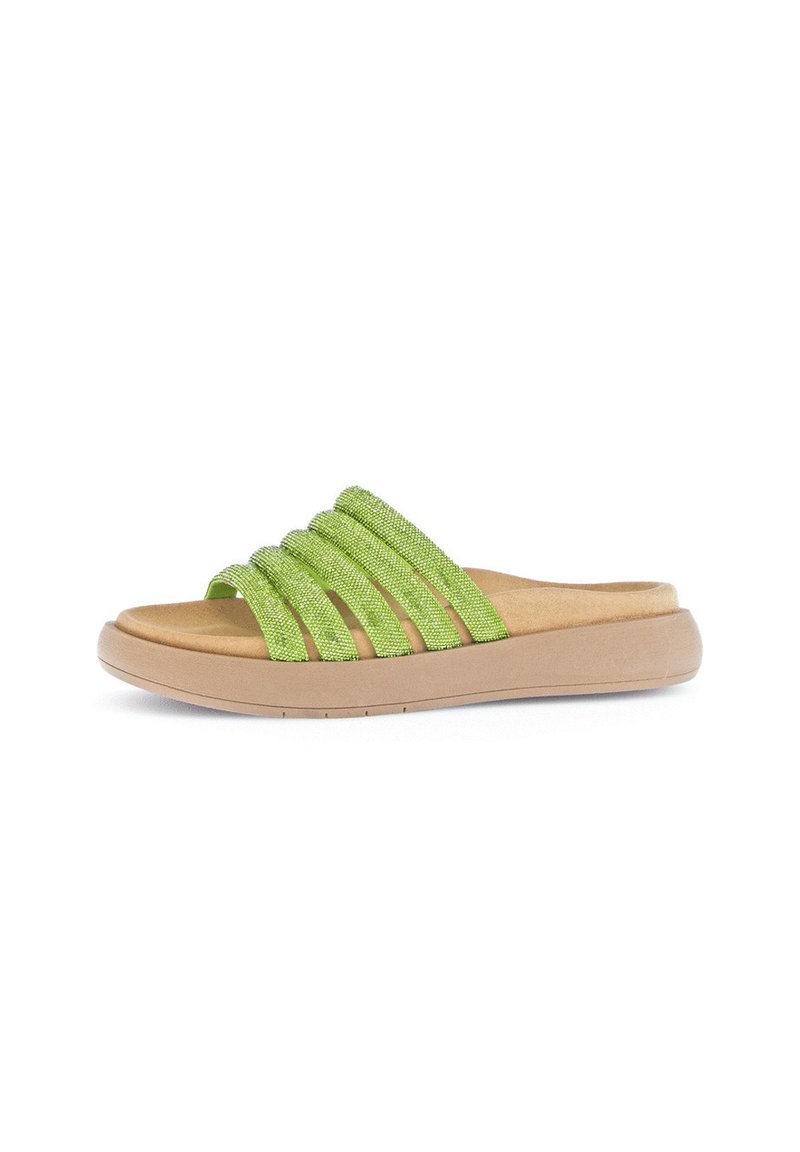 Green slide sandal with textured straps, cushioned insole, and a tan rubber sole. Features multiple fabric strips for breathability.