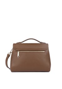 Sac à main en cuir marron avec une texture granuleuse, une poignée supérieure et une bandoulière amovible. Comprend une poche zippée à l'avant avec des finitions en métal doré.