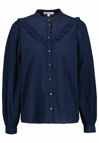 Marinblus med volangkrage, långa puffärmar och knäppning. Strukturerad tyg med subtila ränder och knappar i guldton.