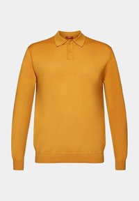 Gelbes Langarm-Polohemd aus weichem Stoff. Verfügt über einen klassischen Kragen, eine Knopfleiste mit zwei Knöpfen und gerippte Bündchen an den Ärmeln.