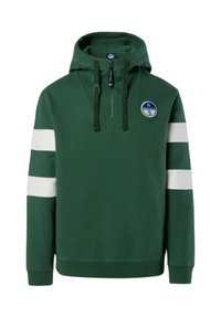 Felpa verde con zip al collo, strisce bianche sulle maniche e un logo circolare sul petto. Realizzata in un tessuto morbido con vestibilità comoda.
