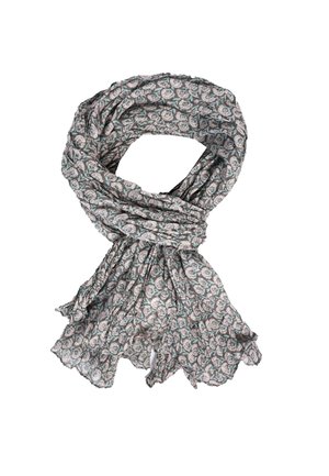 Blumenmuster-Schal aus softem, leichtem Material. In Grautönen und Türkis mit ausgefransten Kanten. Rechteckige Form, elegant drapiert.