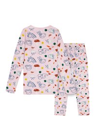 Ensemble de pyjama comprenant un haut à manches longues et un pantalon en rose clair. Décoré de motifs d'animaux de dessins animés, de fleurs et de champignons en bleu, vert et rouge.
