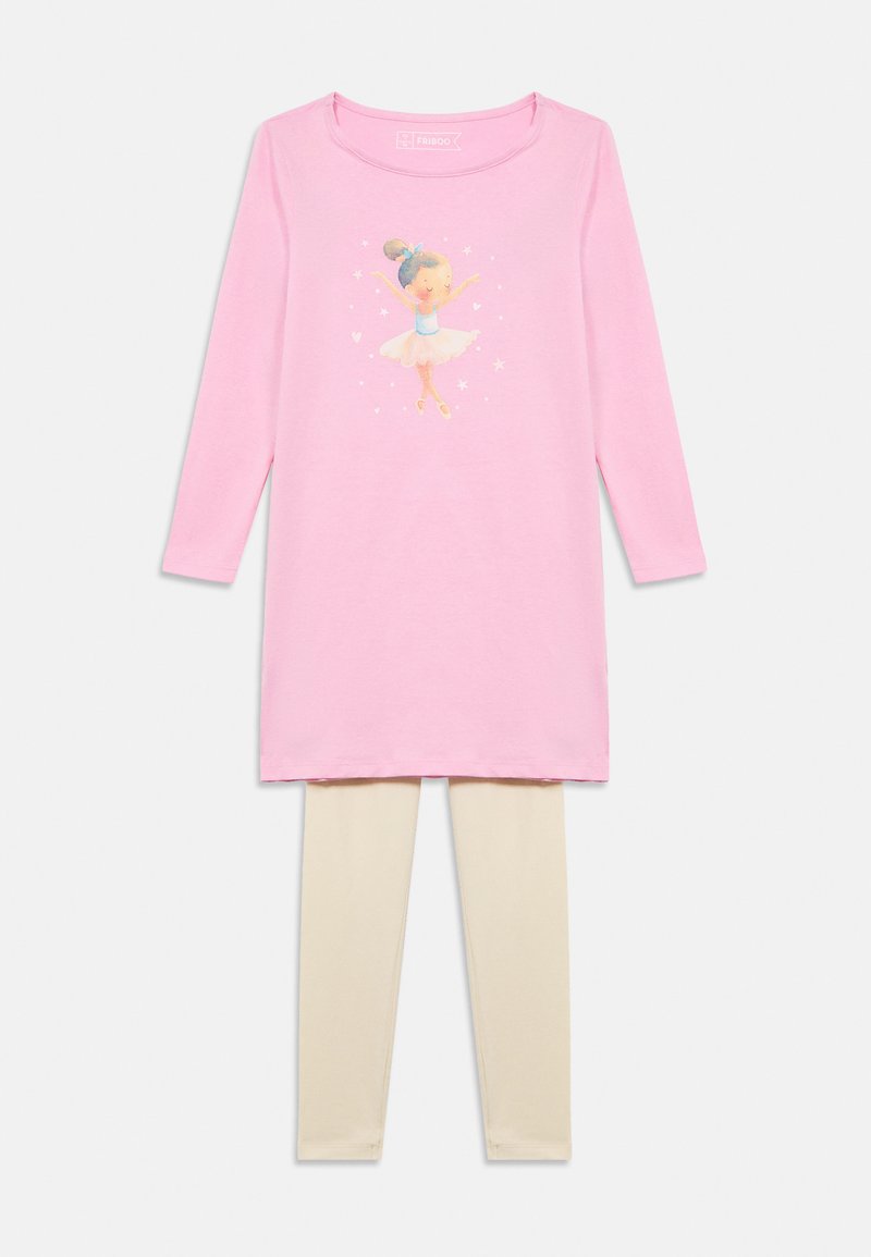 Ροζ μακρυμάνικη τουνίκ με γραφικό μπαλαρίνας, συνδυασμένη με μπεζ κολάν. Κατασκευασμένη από απαλό βαμβακερό ύφασμα για άνεση.