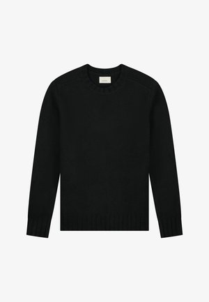 Czarny sweter dzianinowy z okrągłym dekoltem, długimi rękawami, prążkowanymi mankietami i dołem, z subtelnym, teksturowanym wykończeniem na ramionach.