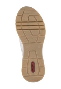 Sohle eines Schuhs mit einem strukturierten Gummidesign, beiger Farbe mit einem gemusterten Griff und einem roten Logo in der Mitte.