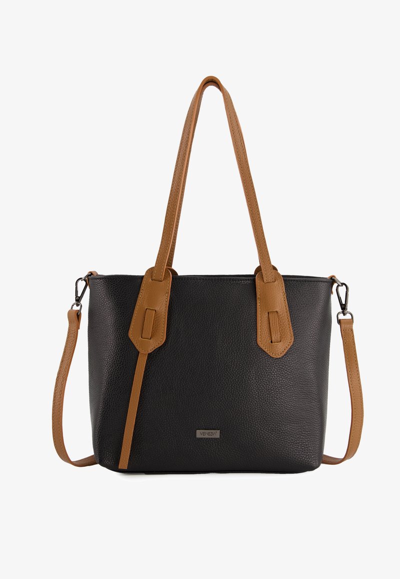 Black synthetic tote bag with brown leather accents, featuring dual handles and an adjustable strap, textured surface, and a logo plate.