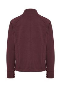 Kastanjebrun jacka med hög krage, raglanärmar och sidoflikar vid manschetterna. Tillverkad av mjuk, strukturerad väv, med en enkel och ren design.