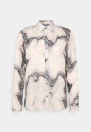 Camicia con maniche lunghe e bottoni, con motivo a spirale nero e grigio effetto marmo su sfondo beige chiaro.