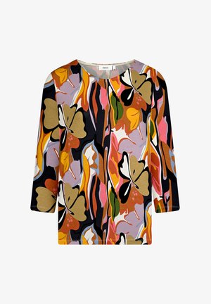 Bunt gemusterte Bluse mit 3/4-Ärmeln. Sie besticht durch kräftige Farbtöne in Schwarz, Gold, Pink und Grün; aus glattem Stoff mit lässiger Passform.