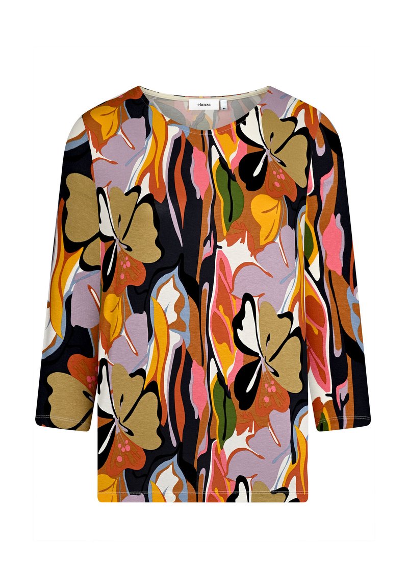 Bunt gemusterte Bluse mit 3/4-Ärmeln. Sie besticht durch kräftige Farbtöne in Schwarz, Gold, Pink und Grün; aus glattem Stoff mit lässiger Passform.
