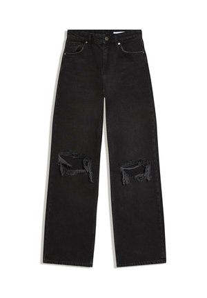 Jean droit en denim noir avec des déchirures usées aux deux genoux, poches avant et ceinture à fermeture par bouton.