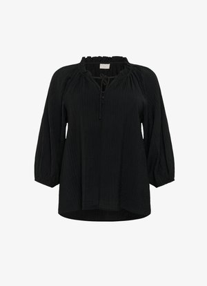 Bluză neagră cu un finisaj texturat, având un decolteu volănaș, mâneci puff până la trei sferturi și o închidere cu cravată și nasturi în față.