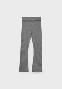 Graue und schwarze gestreifte Leggings mit breitem elastischem Bund, aus dehnbarem Stoff, mit ausgestelltem unteren Saum.