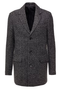 Cappotto in tweed grigio con bavero a lancia, due tasche frontali e chiusura con tre bottoni. Tessuto strutturato con un motivo sottile. Interno foderato.