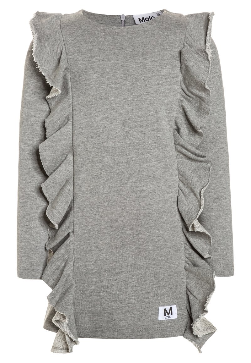 Graues Langarmkleid aus weichem Stoff, mit seitlichen Rüschen und einem Reißverschluss hinten. Etikett mit der Größe "M" in der unteren rechten Ecke.