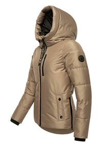 Beige puffer jacket with a hood, black accents, front zipper, and side pockets. Made of shiny, insulated material with a textured finish.