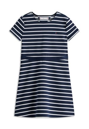 Marineblå og hvit kortermet kjole med horisontale striper, rund hals og lite brodert logo på brystet.