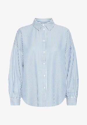 Heleda sinine ja valge triibuline nööpidega särk, millel on kaelus, lahti istuv lõige, õhulised varrukad ja mansetid. Valmistatud kergest kangast.