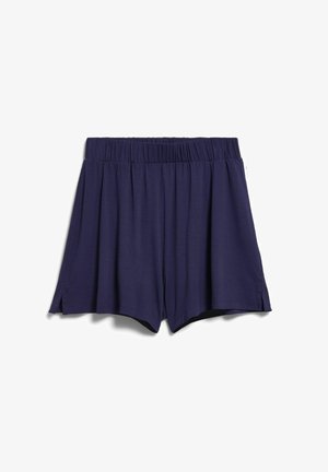 Marineblaue Shorts mit elastischem Bund, Seitenschlitzen und lockerem Schnitt, entworfen für Komfort und legere Trageweise.
