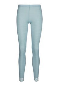 Lichtblauwe leggings met een ribbelstructuur, met kantafwerking aan de manchetten. Elastische tailleband voor comfort en een aansluitend ontwerp.
