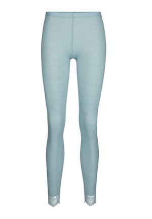 Leggings azzurri chiari con una texture a coste, caratterizzati da un bordo in pizzo alle caviglie. Vita elastica per comfort e design aderente.
