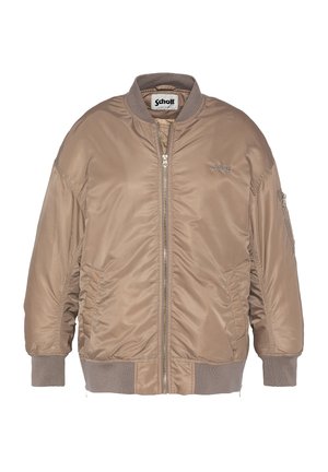 Brown bomber jacket with a shiny finish, ribbed cuffs and hem, zip closure, and side pockets. Paired with light blue straight-leg jeans.