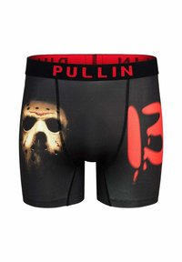 Caleçons boxers noirs avec un design à motifs mettant en avant un masque de hockey taché de sang blanc et des lettres rouges sur la ceinture.
