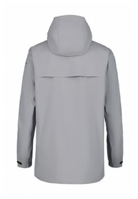 Veste imperméable gris clair avec capuche, manches longues et poignets réglables. Comprend une ventilation dans le dos et un tissu texturé pour la respirabilité.