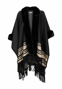 Poncho nero in maglia con bordo in pelliccia artificiale sul colletto e sulle maniche, dettagli a strisce beige e frange all'orlo.