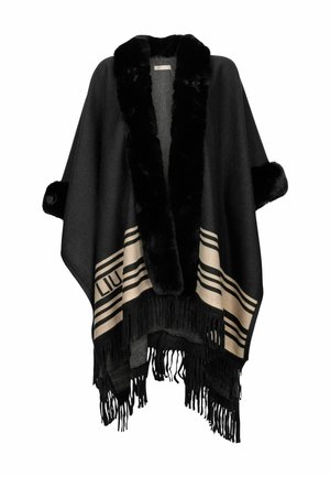 Poncho nero in maglia con bordo in pelliccia artificiale sul colletto e sulle maniche, dettagli a strisce beige e frange all'orlo.