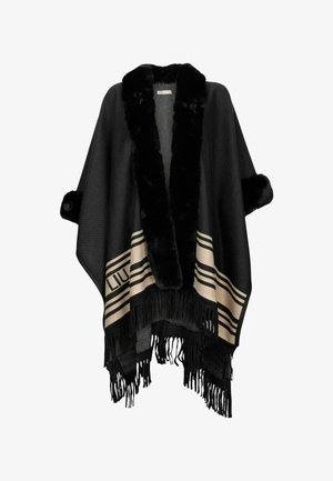 Poncho nero in maglia con bordo in pelliccia artificiale sul colletto e sulle maniche, dettagli a strisce beige e frange all'orlo.