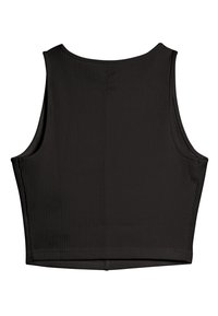 Sort ribbet crop top med rund halsudskæring og ærmegennembrud, der har en glat tekstur og en ren kant nederst.