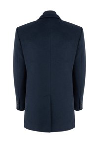 Granatowa wełniana marynarka, jednorzędowa, z klapami, poduszkami na ramionach, rozcięciem z tyłu oraz mankietami na trzy guziki z detalem guzikowym.