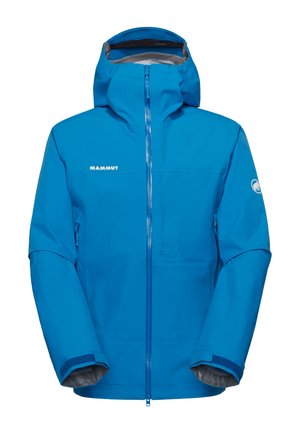 Blauwe waterdichte jas met capuchon, ritssluiting aan de voorkant, Mammut-logo op de borst en mouw, verstelbare polsbanden en een borstzak.