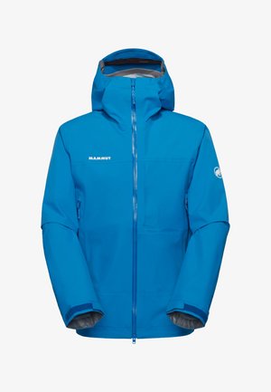 Blauwe waterdichte jas met capuchon, ritssluiting aan de voorkant, Mammut-logo op de borst en mouw, verstelbare polsbanden en een borstzak.