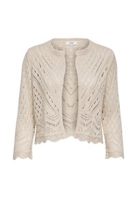 Cardigan lavorato a maglia in beige chiaro con punti aperti, orlo scallop e scollatura rotonda. Presenta maniche a tre quarti e una vestibilità rilassata.