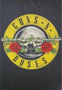 Černé tričko s kruhovým žlutým logem "GUNS N' ROSES". Uprostřed je revolver propletený zelenými vavříny a červenými růžemi.