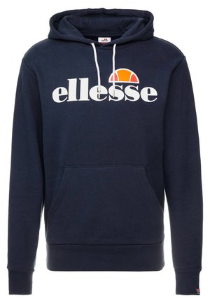 Granatowa bluza z kapturem z dużym białym logo "ellesse" i okrągłym pomarańczowym akcentem; wykonana z miękkiego materiału z kieszenią typu kangurka.