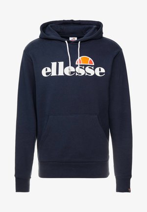 Sudadera con capucha de color azul marino que presenta un gran logo blanco de "ellesse" y un acento redondo en color naranja; confeccionada con tela suave y con un bolsillo tipo canguro.
