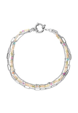 Silberkettchen-Armband mit mehrfarbigen kleinen Perlen und rechteckigen Gliedern, gesichert mit einem runden Federriegelverschluss.
