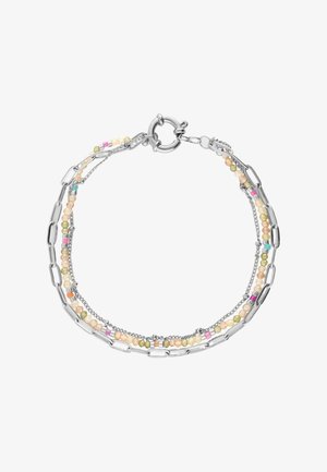 Srebrna bransoletka z drobnymi, wielokolorowymi koralikami i prostokątnymi ogniwami, zabezpieczona okrągłym sprężynowym zapięciem.