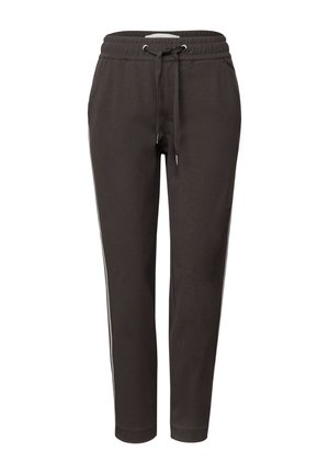 Dark brown sweatpants with a drawstring waist, elastic cuffs, and white side stripes. Made from a soft, comfortable fabric.