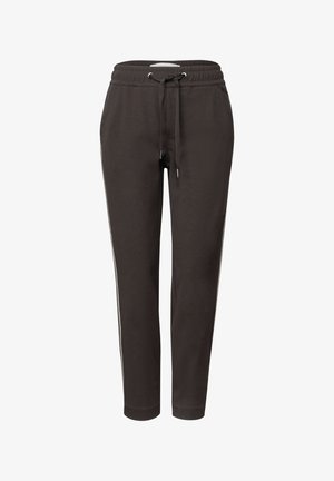 Dark brown sweatpants with a drawstring waist, elastic cuffs, and white side stripes. Made from a soft, comfortable fabric.