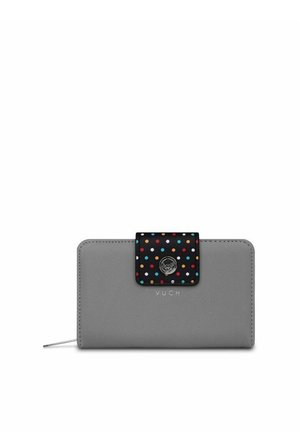 Gray wallet with a textured finish. Features a black snap closure adorned with multicolored polka dots and a silver logo detail.