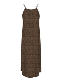 Sleeveless brown maxi dress with thin straps and black zebra-like vertical stripes pattern.