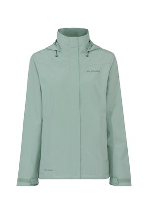 Hellgrüne, wasserdichte Jacke mit hohem Kragen, verstellbarem Kapuzen und zwei Seitentaschen sowie Klettverschlussmanschetten. Merkmale ein minimalistisches Design.