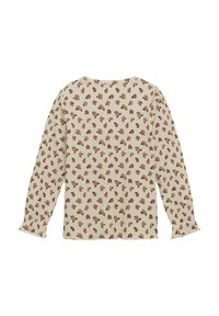 Långärmad blus i krämfärg med ett blommönster i rosa, gult och grönt. Har en avslappnad passform och textil med struktur.