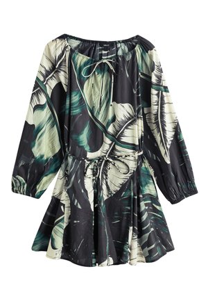 Robe noire et verte à manches longues avec grand motif de feuilles tropicales, poignets élastiques, encolure ronde avec lien, et ceinture à cordon à la taille.