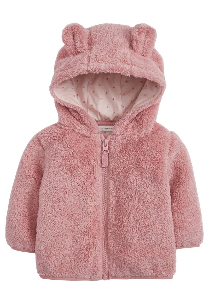 Pink fleece jacket with a hood featuring bear ears. Zip closure and a soft star-patterned lining. Textured, plush fabric. Long sleeves.